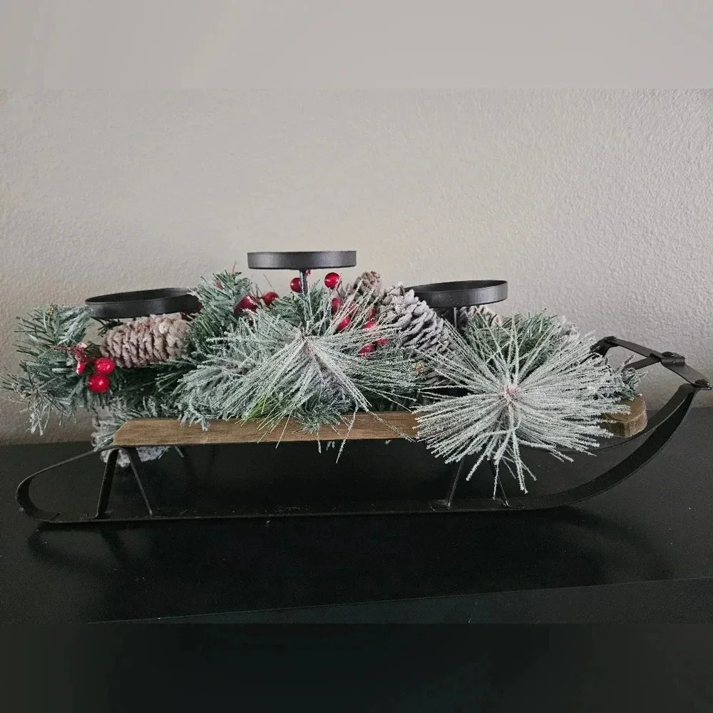 Christmas sleigh‎ frosted pine and red berries candle holder